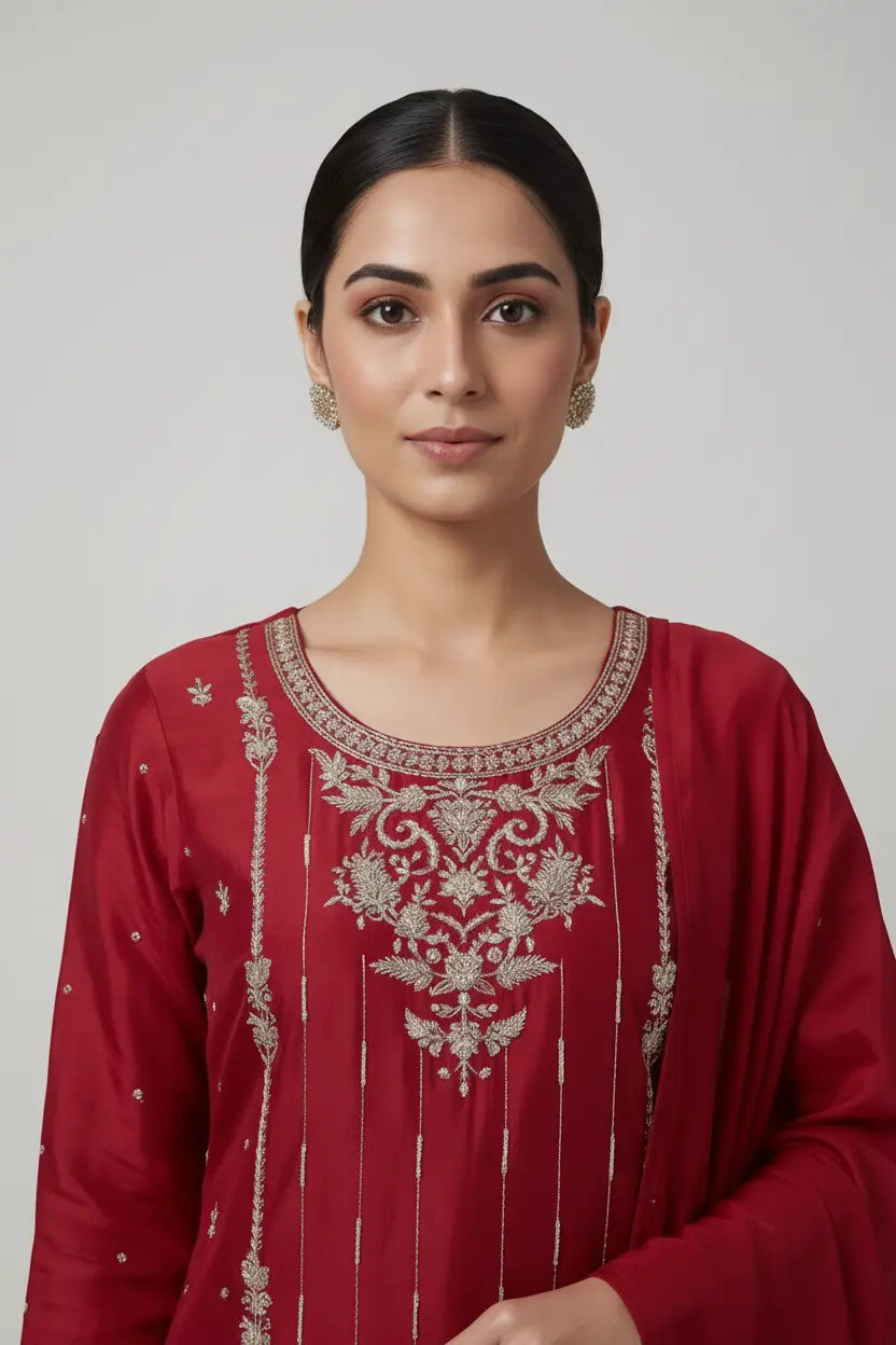 Woman wearing a red embroidered traditional outfit against a plain background