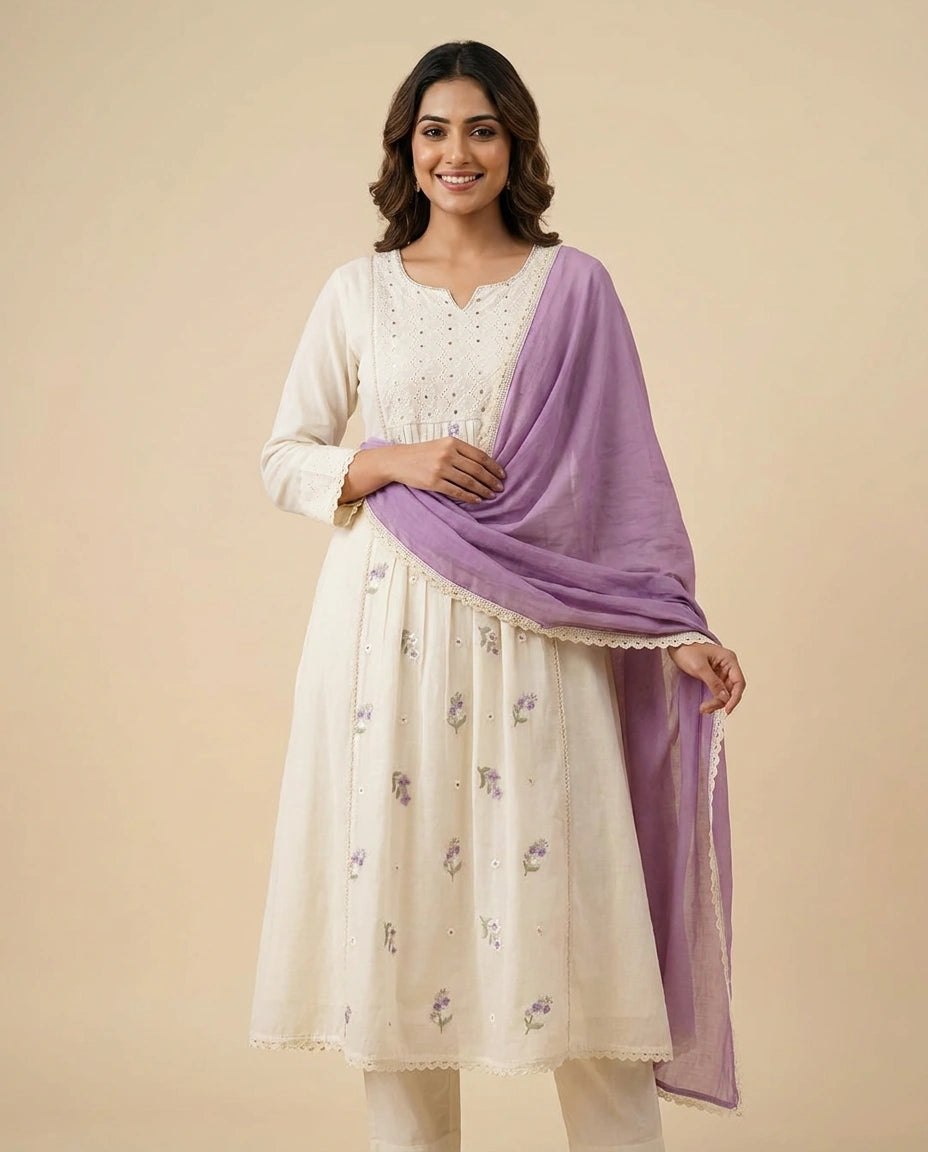 Off White A-Line Suit in Cotton - Rangoli India