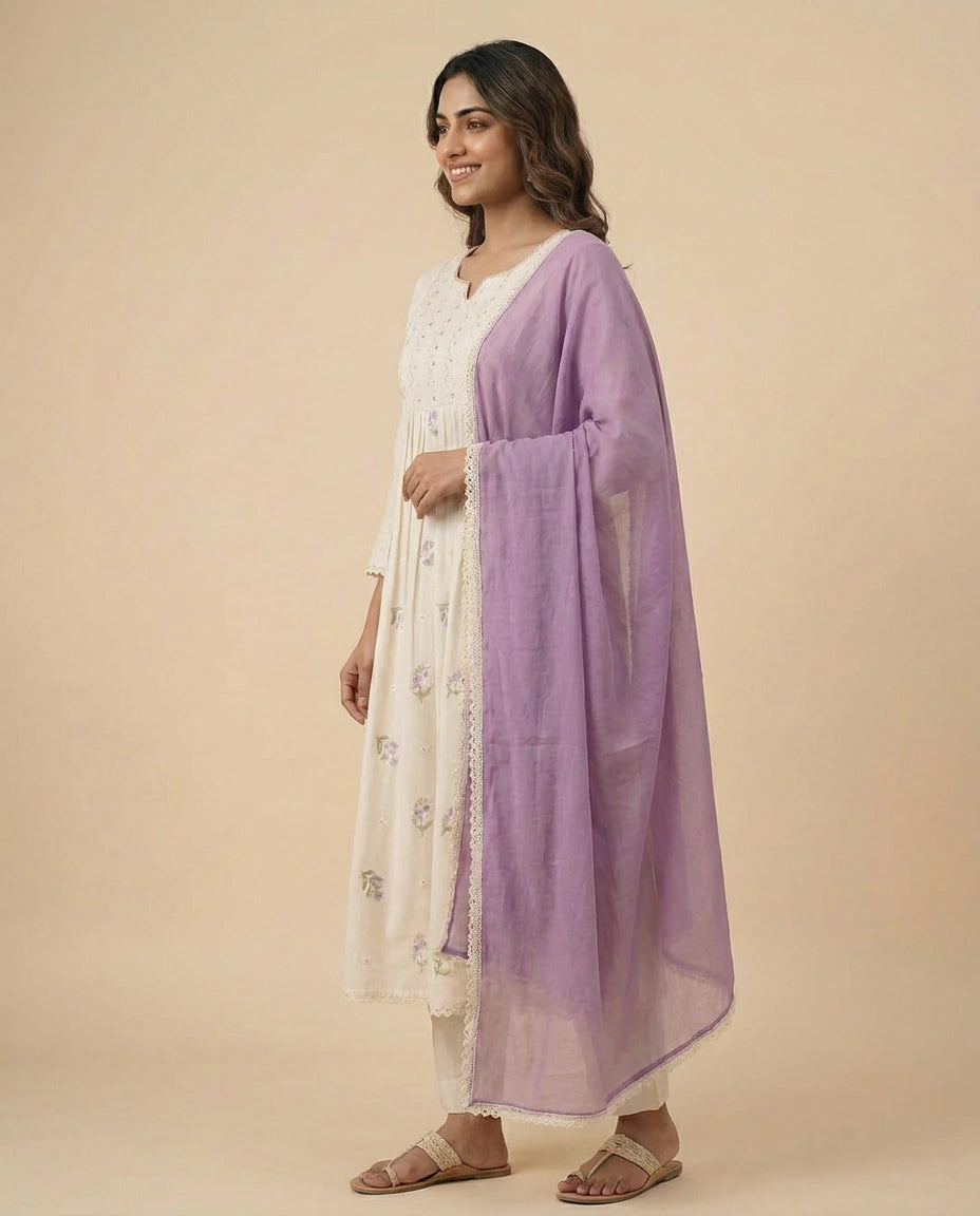 Off White A-Line Suit in Cotton - Rangoli India