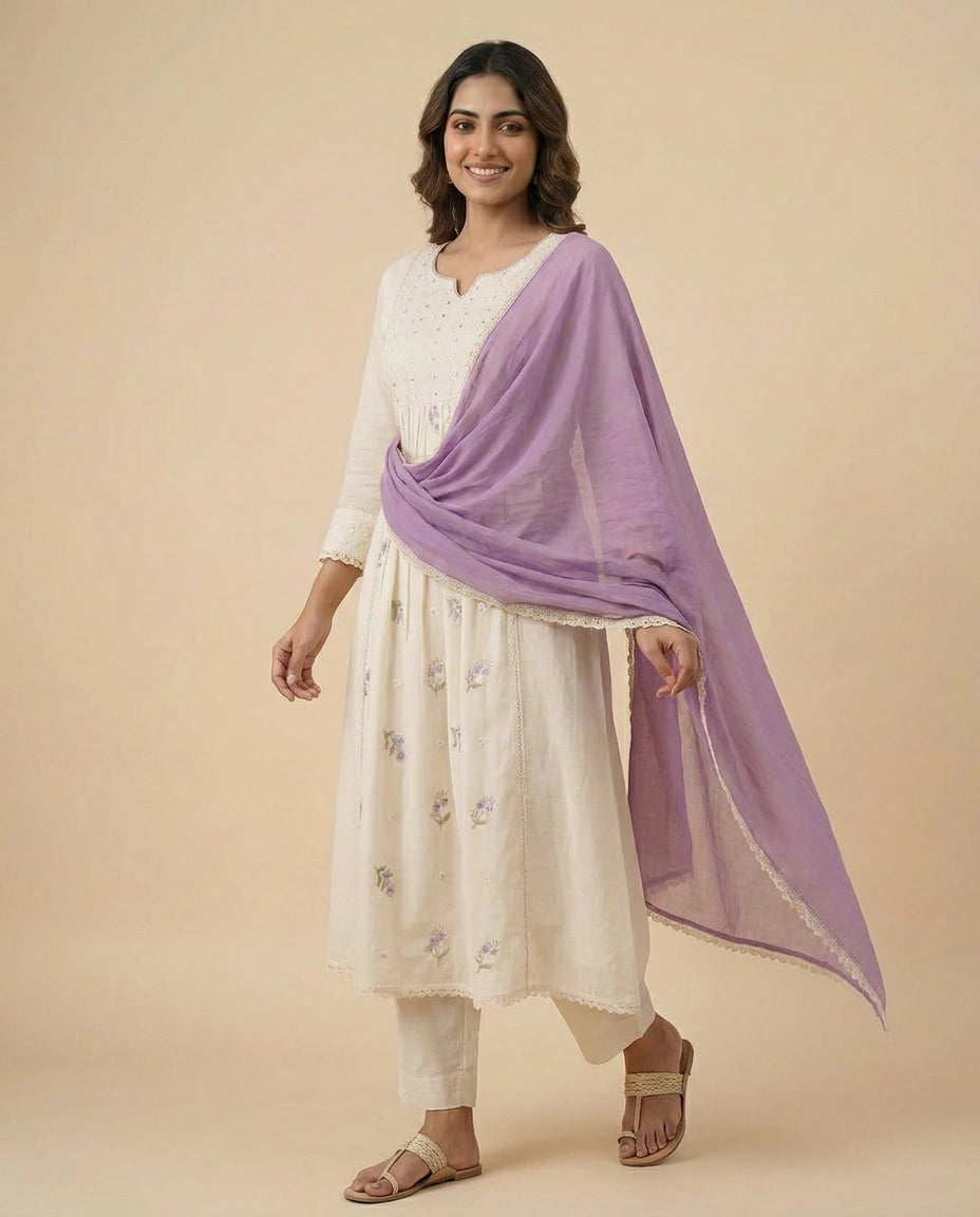Off White A-Line Suit in Cotton - Rangoli India
