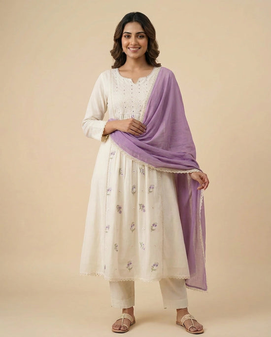 Off White A-Line Suit in Cotton - Rangoli India