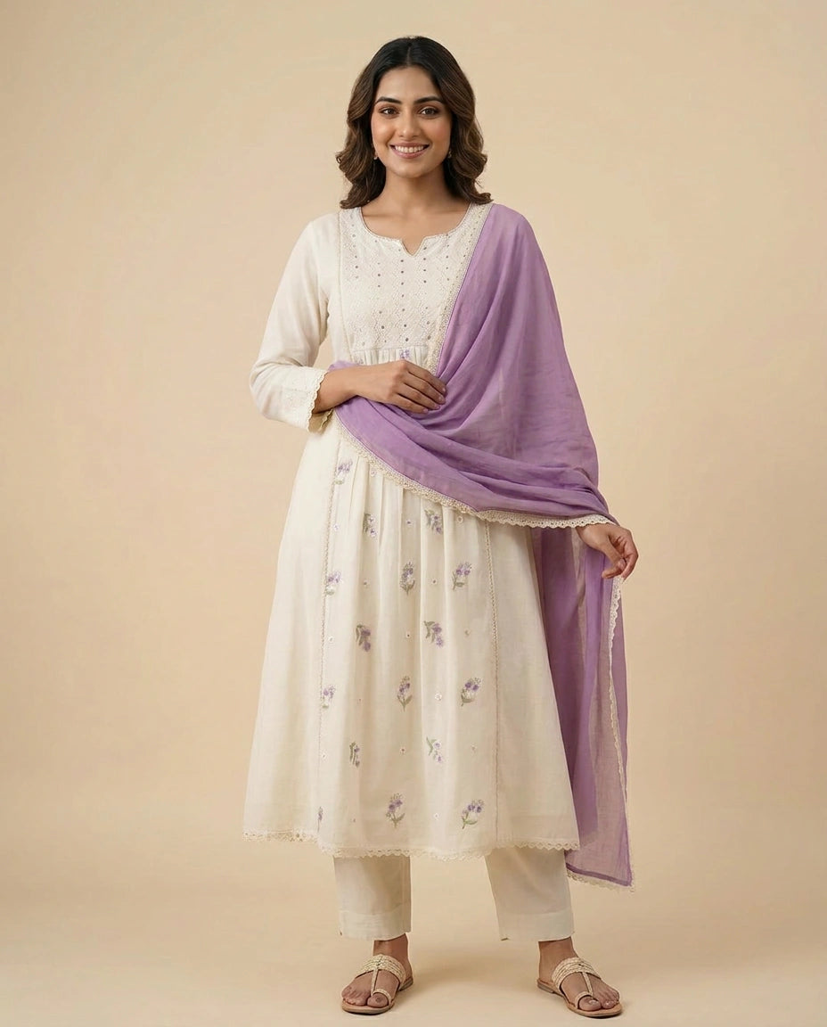 Off White A-Line Suit in Cotton - Rangoli India