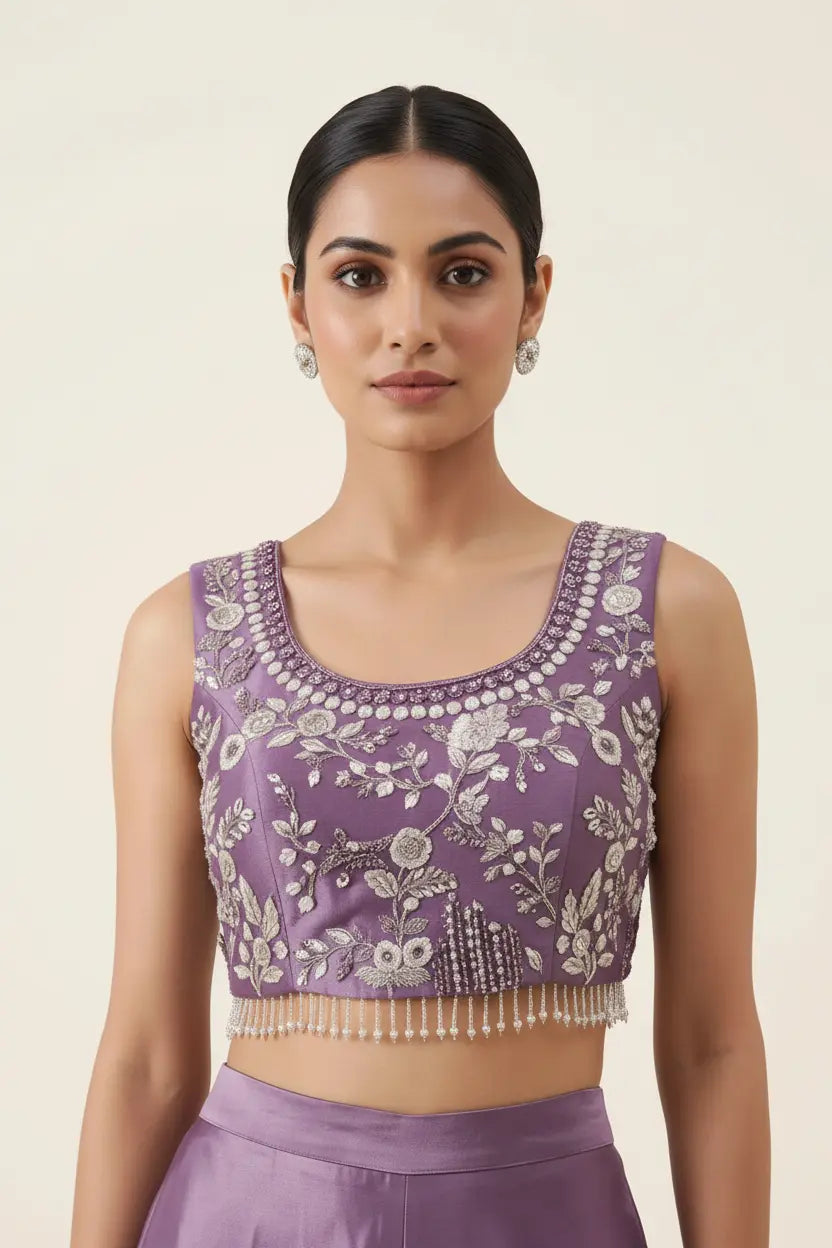 Woman wearing a purple embroidered top on a beige background