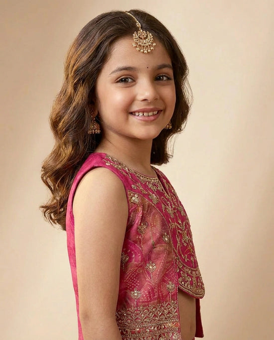 Fuchsia Pink Kids Lehenga in Silk Katan - Rangoli India