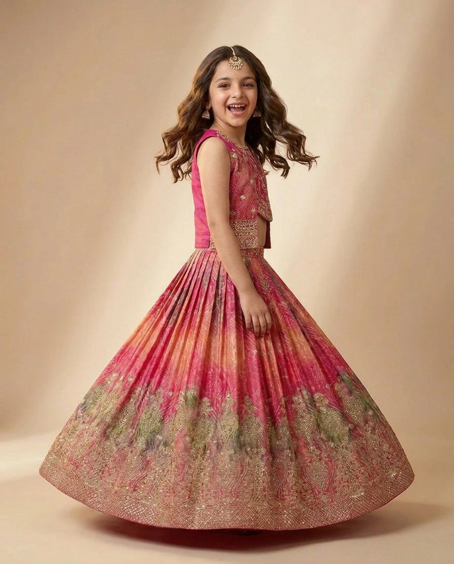 Fuchsia Pink Kids Lehenga in Silk Katan - Rangoli India