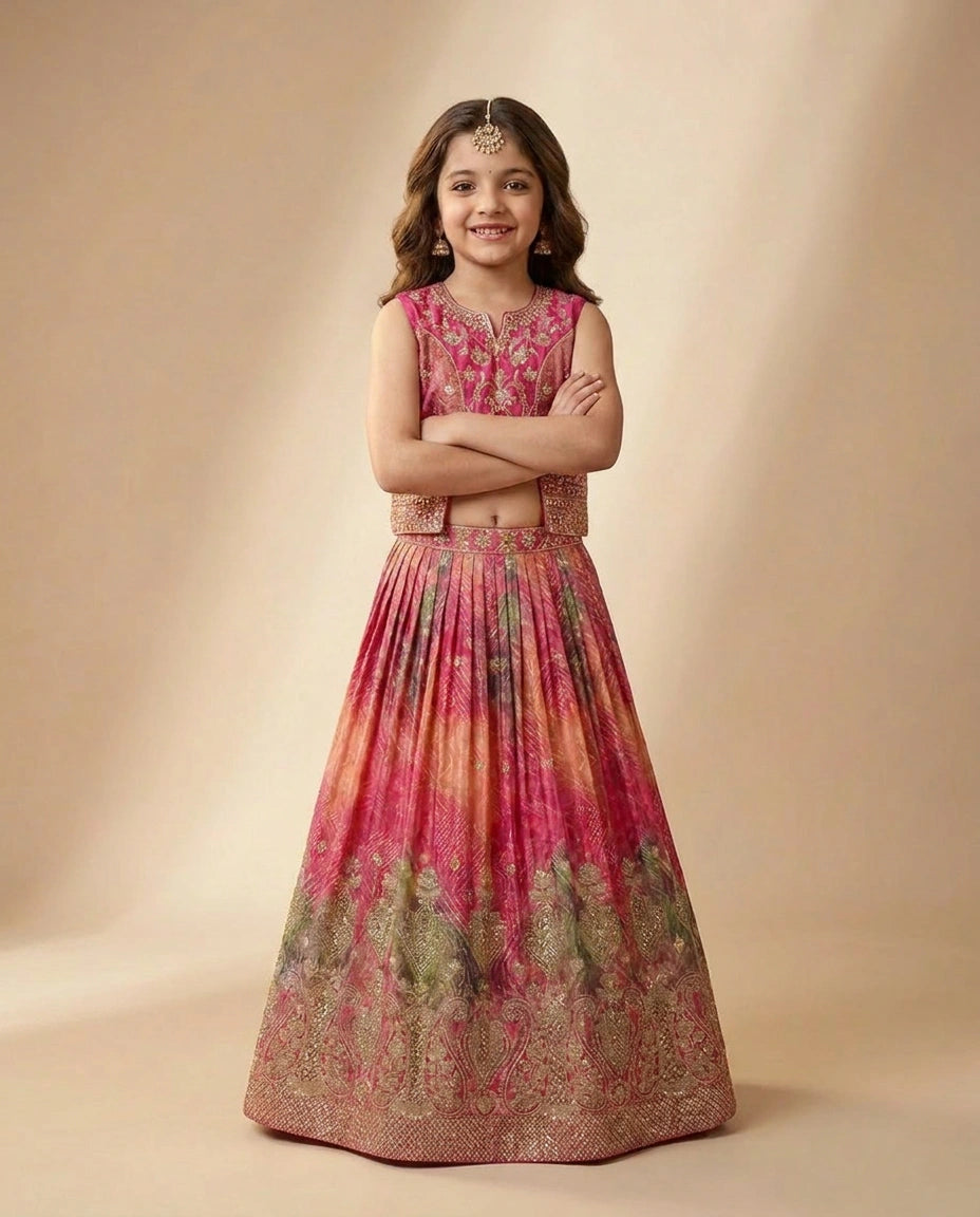Fuchsia Pink Kids Lehenga in Silk Katan - Rangoli India