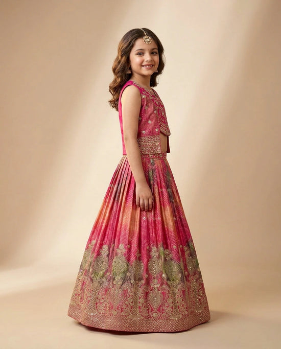 Fuchsia Pink Kids Lehenga in Silk Katan - Rangoli India