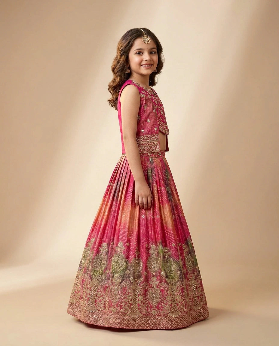 Fuchsia Pink Kids Lehenga in Silk Katan - Rangoli India