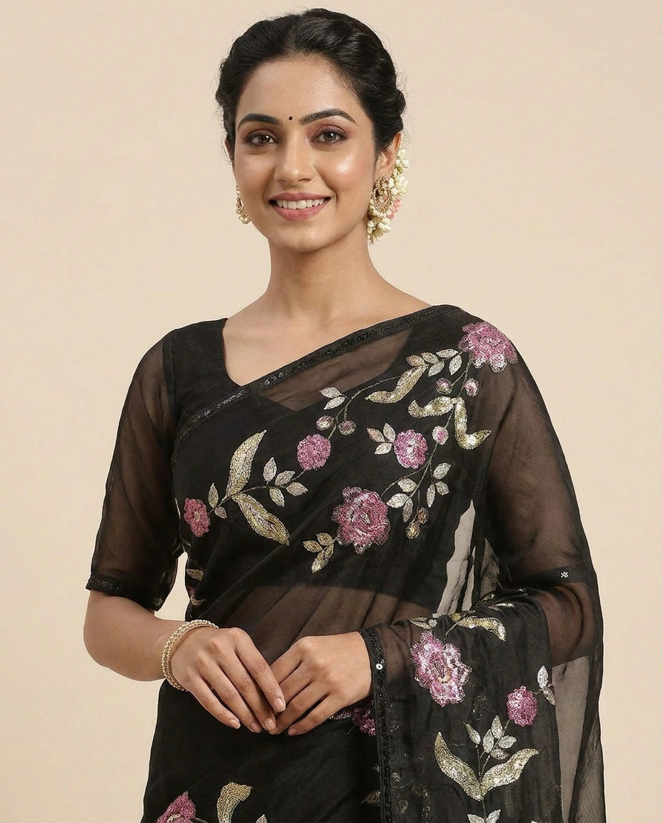 Organza Embroidered Saree with Floral Motifs - Rangoli India