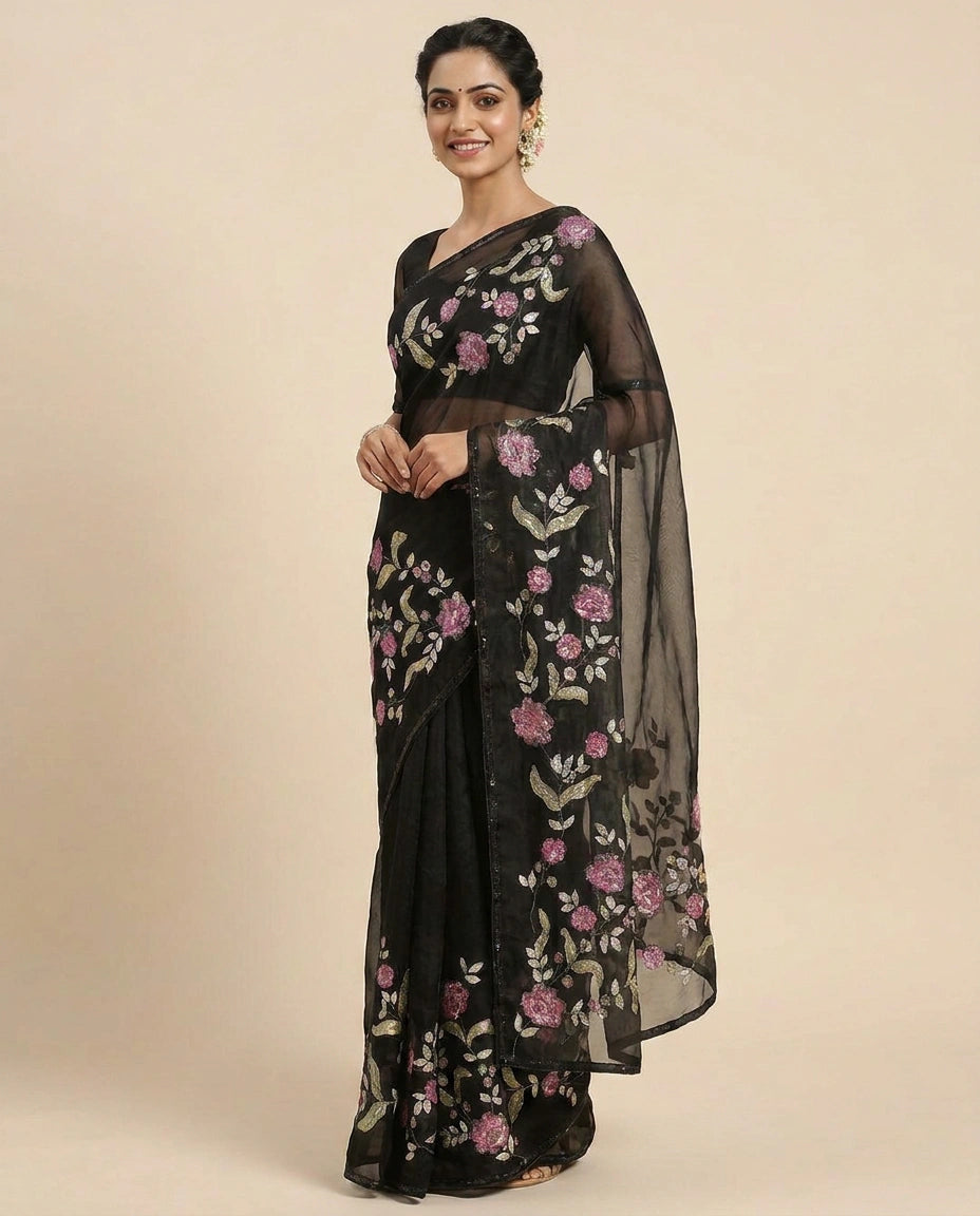 Organza Embroidered Saree with Floral Motifs - Rangoli India
