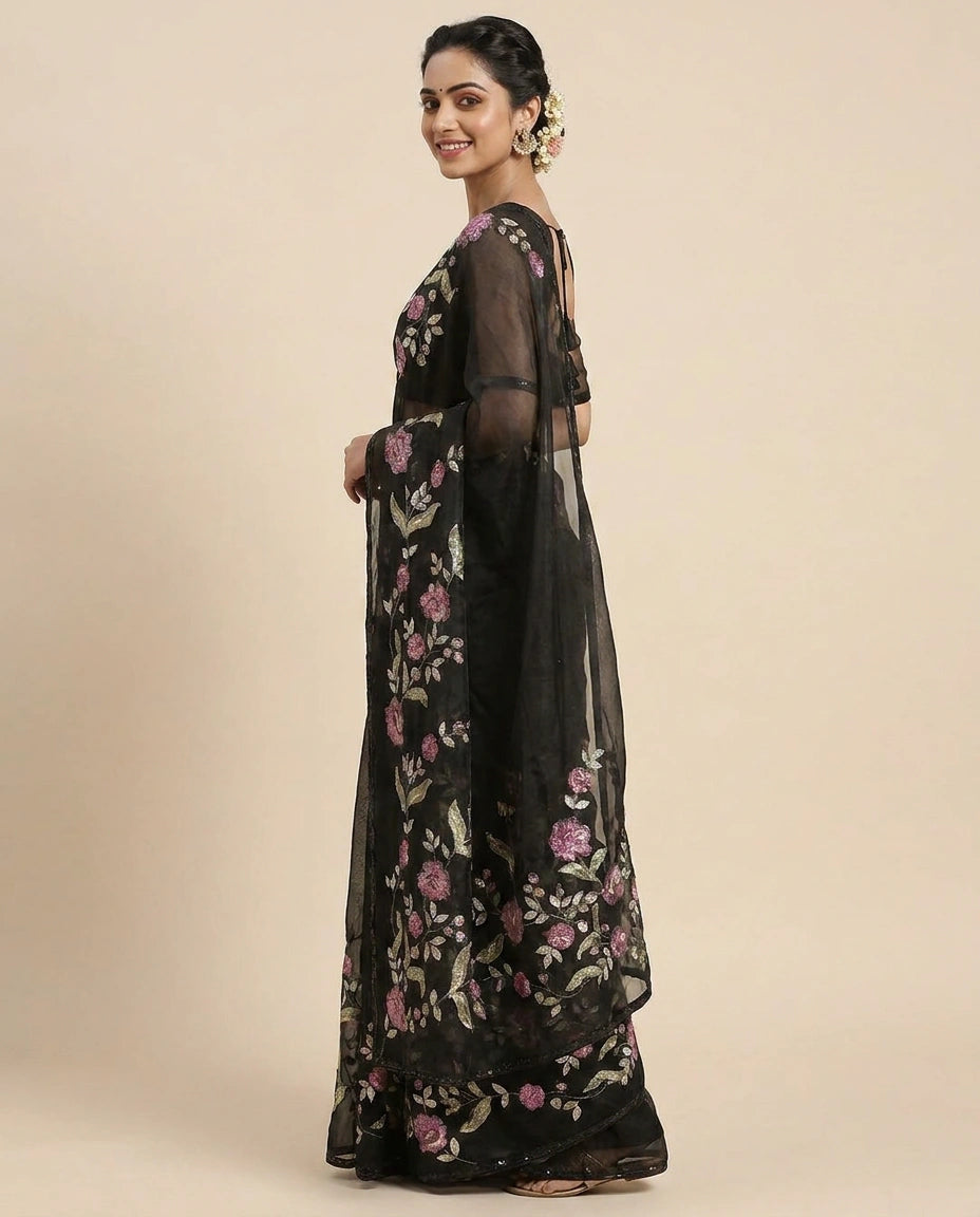 Organza Embroidered Saree with Floral Motifs - Rangoli India