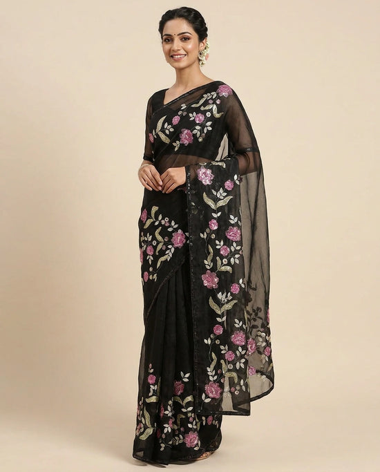 Organza Embroidered Saree with Floral Motifs - Rangoli India