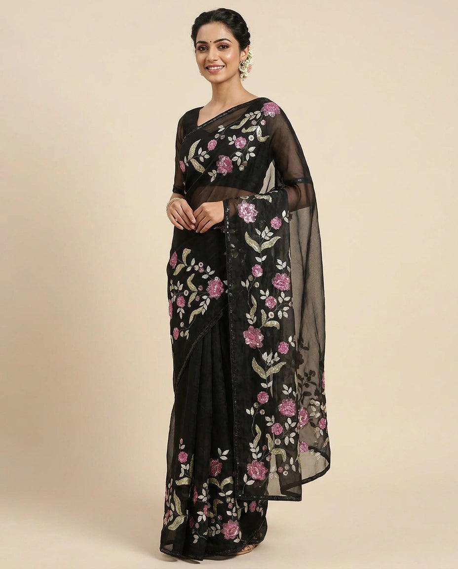 Organza Embroidered Saree with Floral Motifs - Rangoli India
