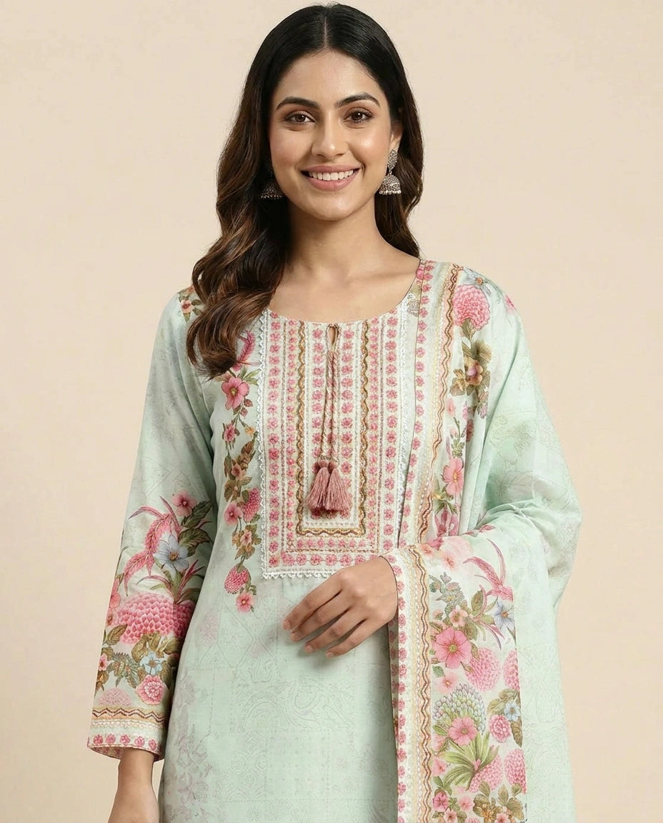 Floral Printed Cotton Straight Suit with Border Work - Rangoli India