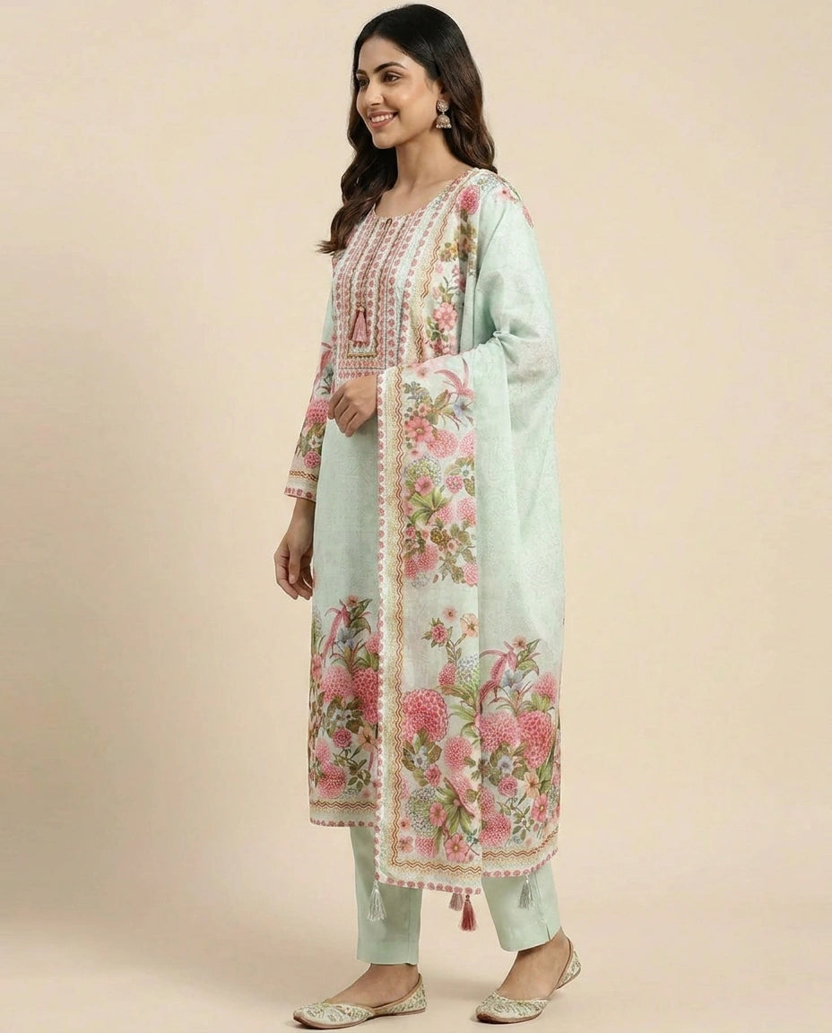 Floral Printed Cotton Straight Suit with Border Work - Rangoli India