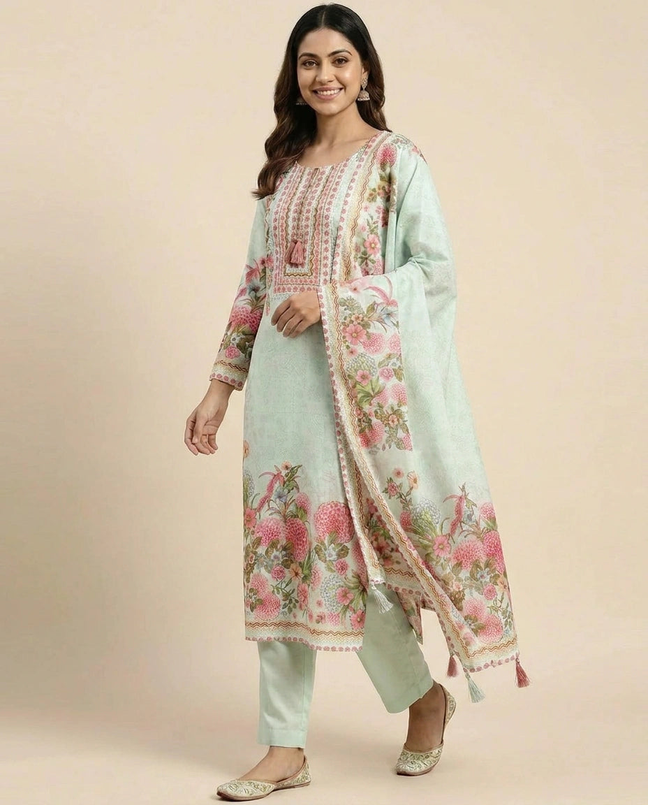 Floral Printed Cotton Straight Suit with Border Work - Rangoli India
