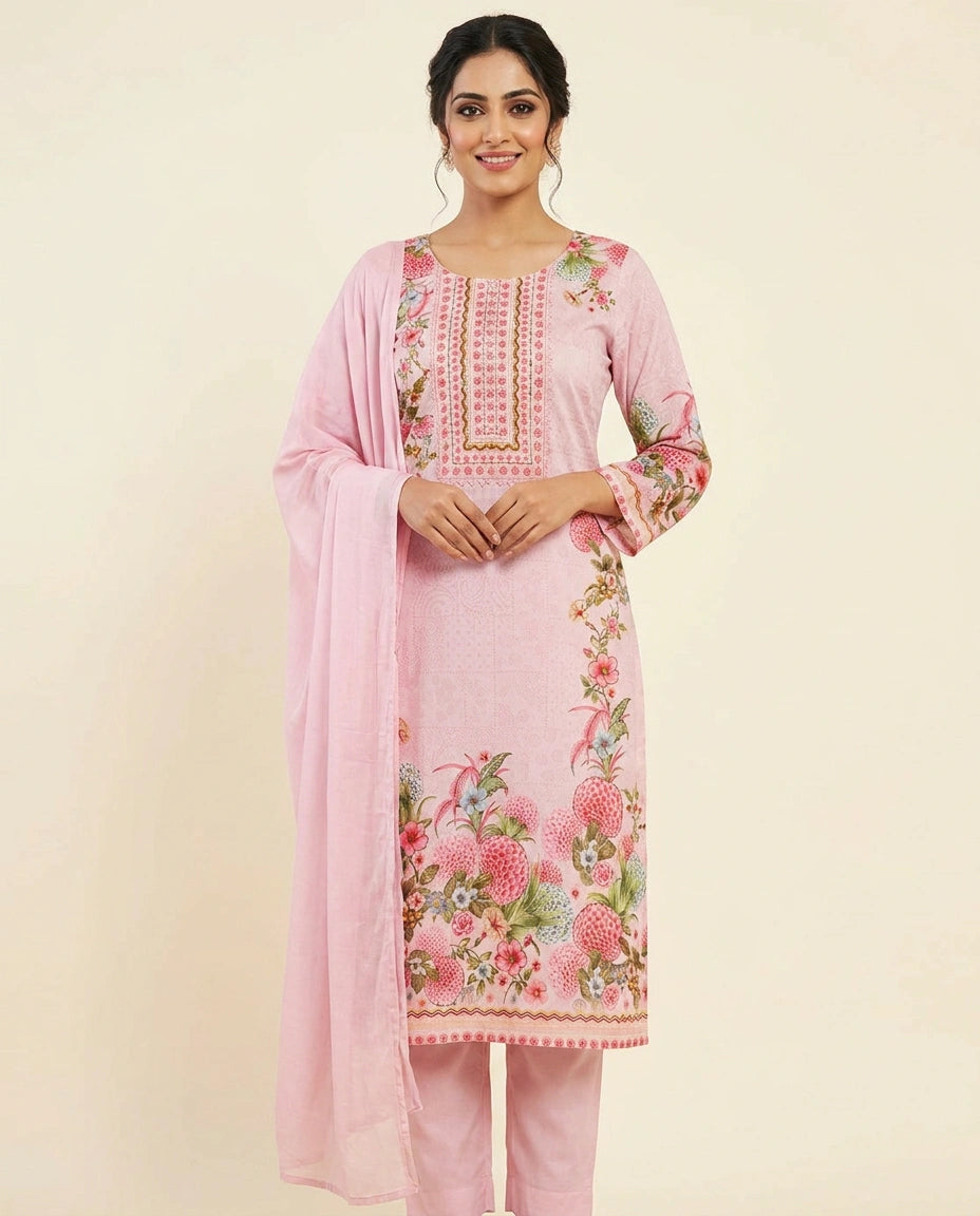 Floral Printed Cotton Straight Suit with Border Work - Rangoli India