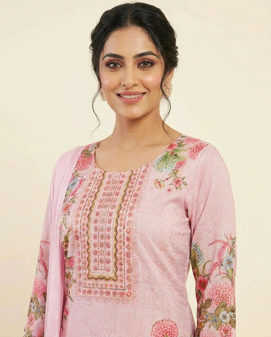 Floral Printed Cotton Straight Suit with Border Work - Rangoli India