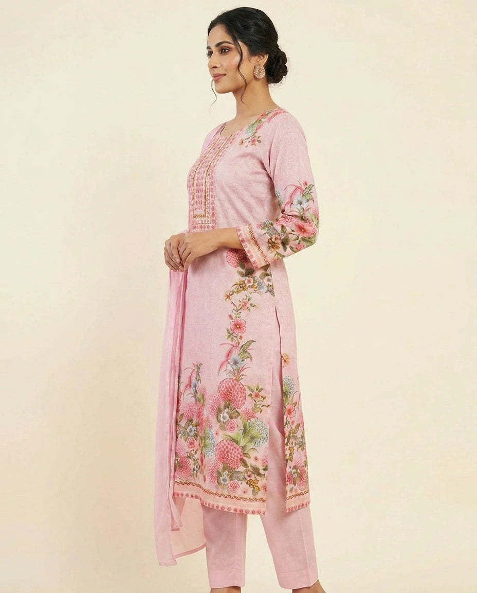 Floral Printed Cotton Straight Suit with Border Work - Rangoli India