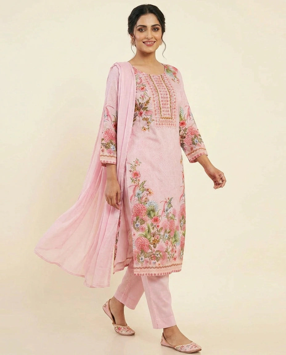 Floral Printed Cotton Straight Suit with Border Work - Rangoli India