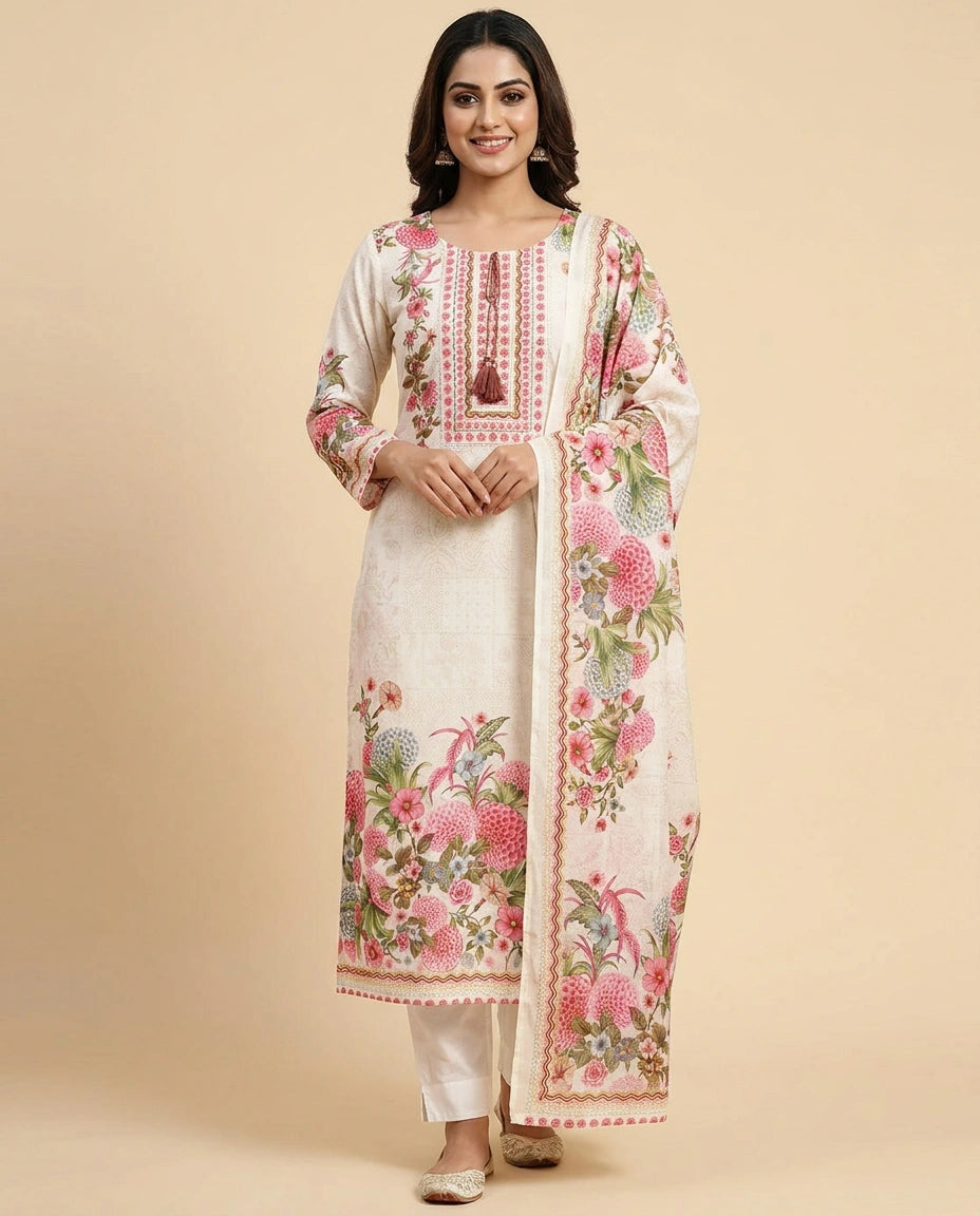 Floral Printed Cotton Straight Suit with Border Work - Rangoli India