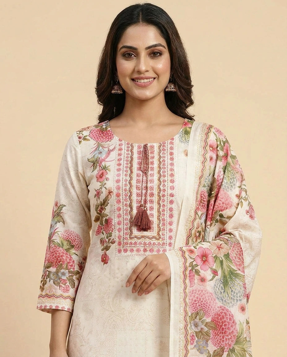 Floral Printed Cotton Straight Suit with Border Work - Rangoli India