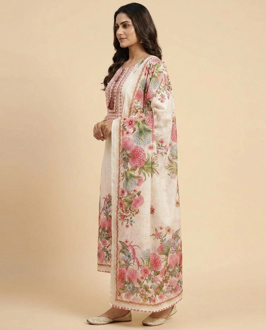 Floral Printed Cotton Straight Suit with Border Work - Rangoli India