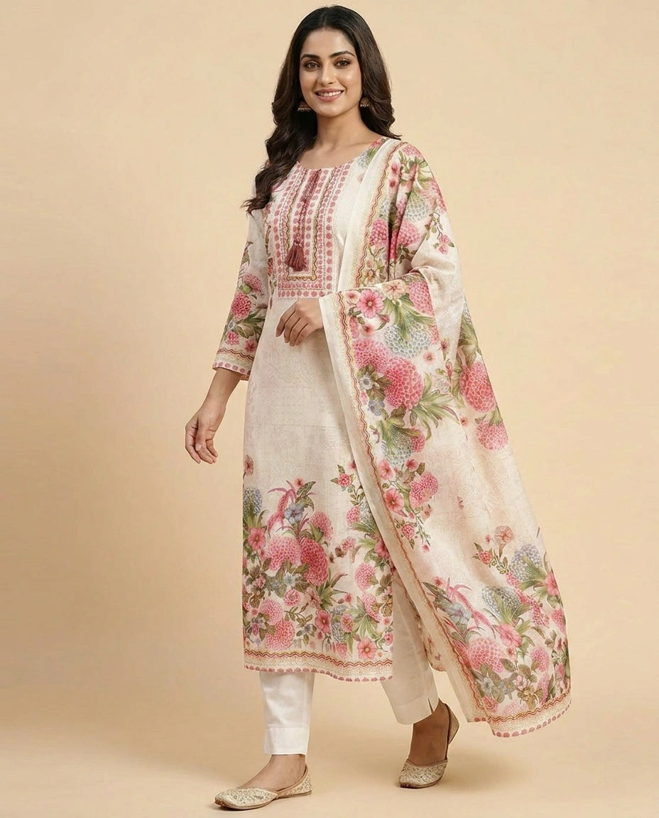 Floral Printed Cotton Straight Suit with Border Work - Rangoli India