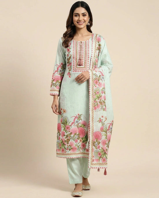 Floral Printed Cotton Straight Suit with Border Work - Rangoli India