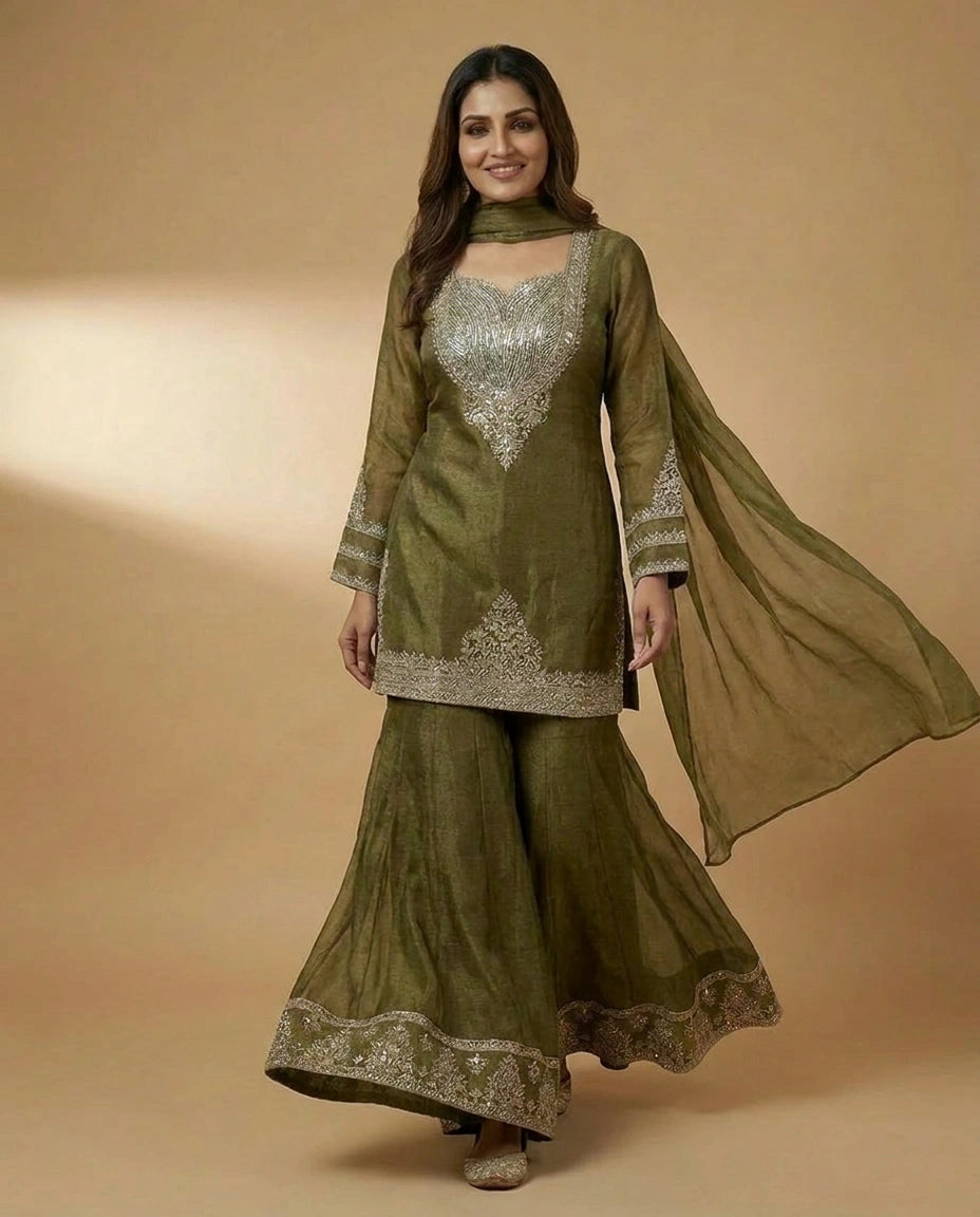 Crush Tissue Jacket Choli Palazzo Set for Women - Festive Wear