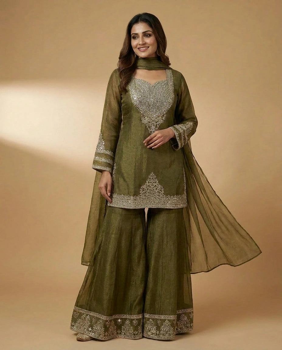 Crush Tissue Jacket Choli Palazzo Set for Women - Festive Wear