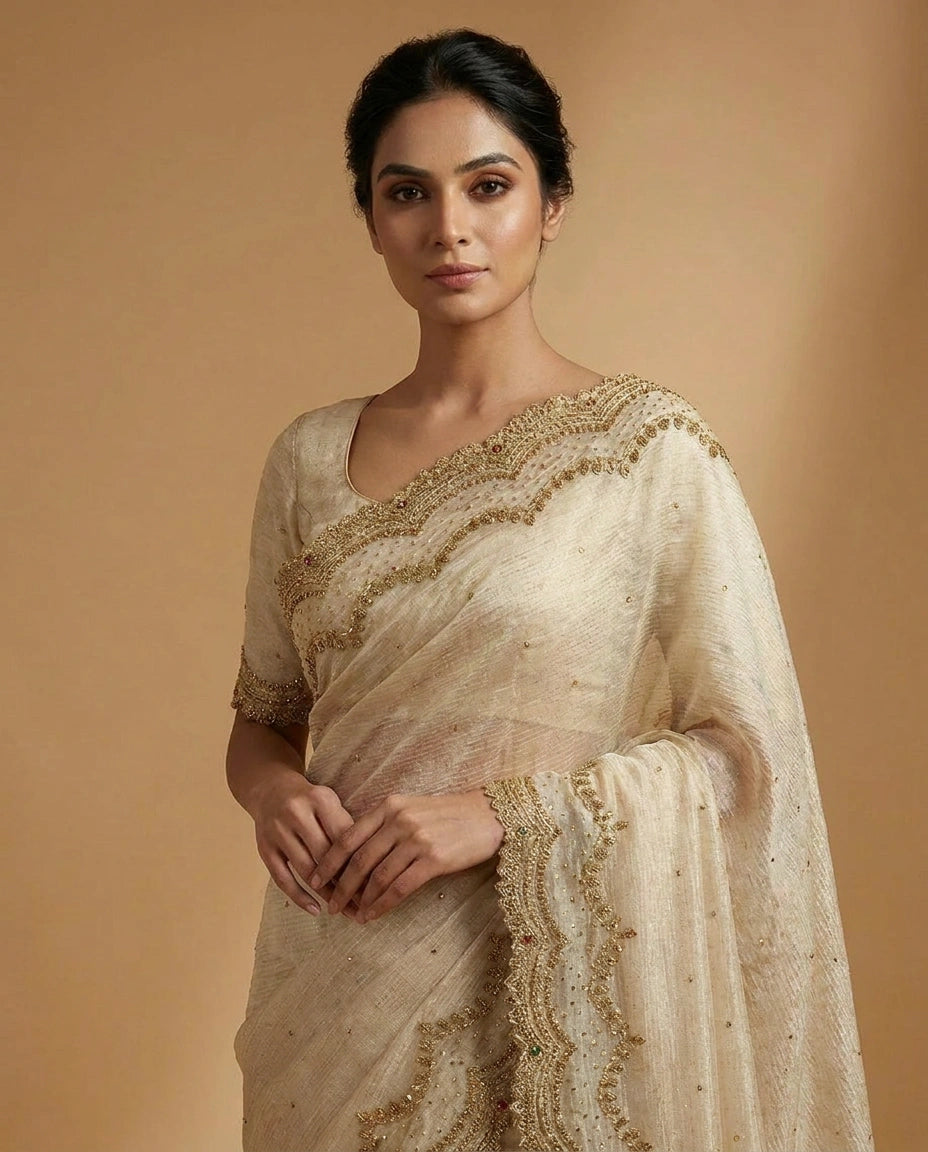 Tissue Saree with Mirror and Cutdana Detailing Online India - Rangoli India