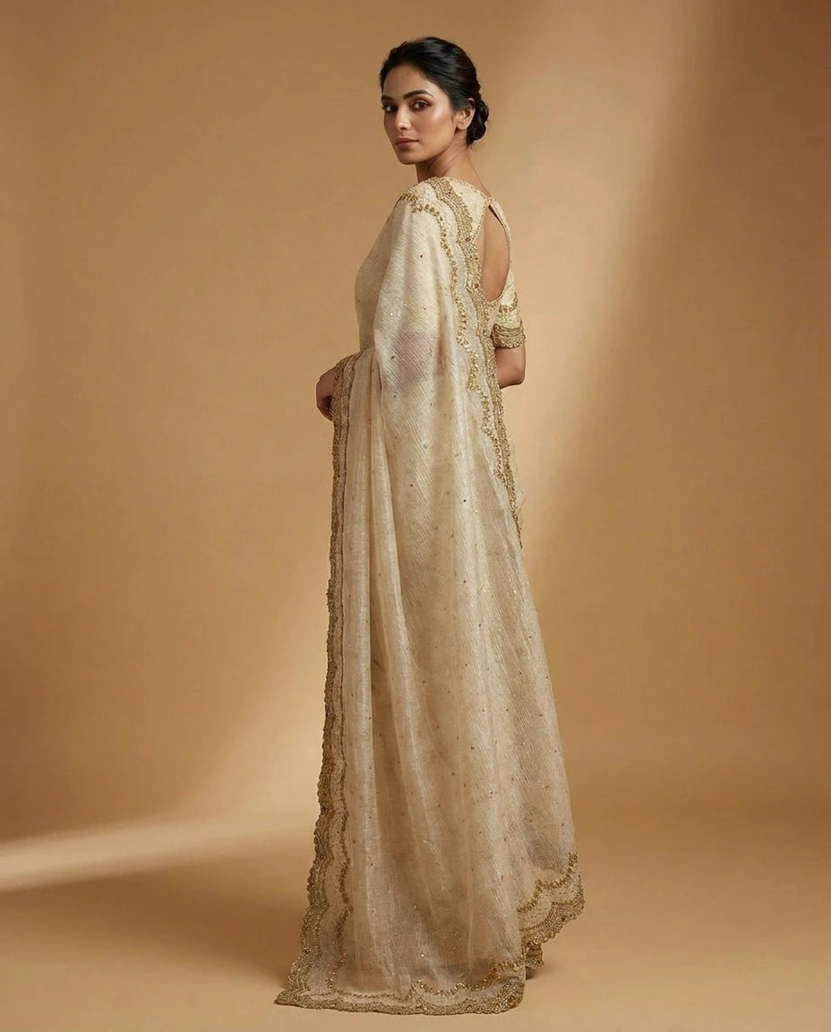 Tissue Saree with Mirror and Cutdana Detailing Online India - Rangoli India