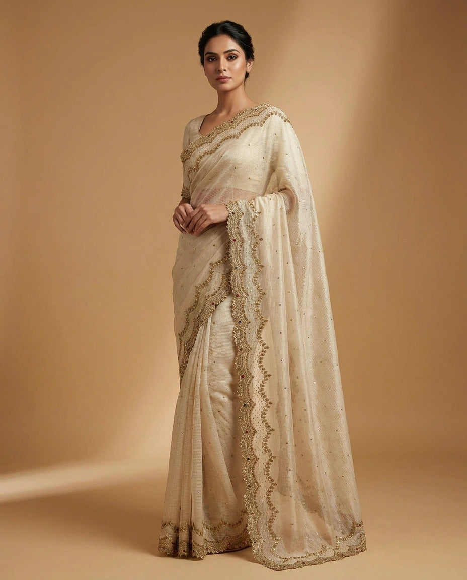 Tissue Saree with Mirror and Cutdana Detailing Online India - Rangoli India