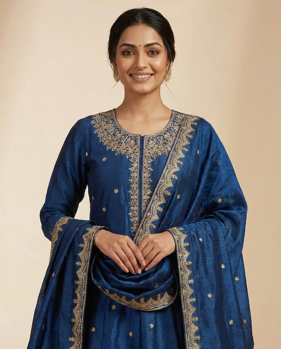 Blue Dola Silk Anarkali Suit - Rangoli India