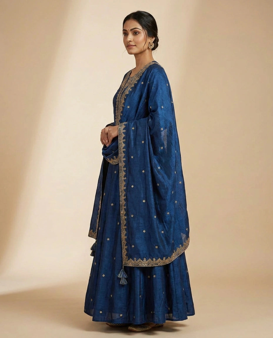 Blue Dola Silk Anarkali Suit - Rangoli India