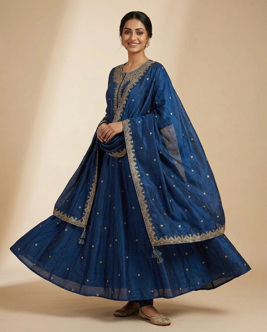 Blue Dola Silk Anarkali Suit - Rangoli India