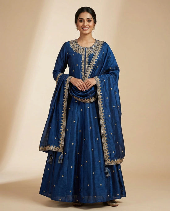 Blue Dola Silk Anarkali Suit - Rangoli India