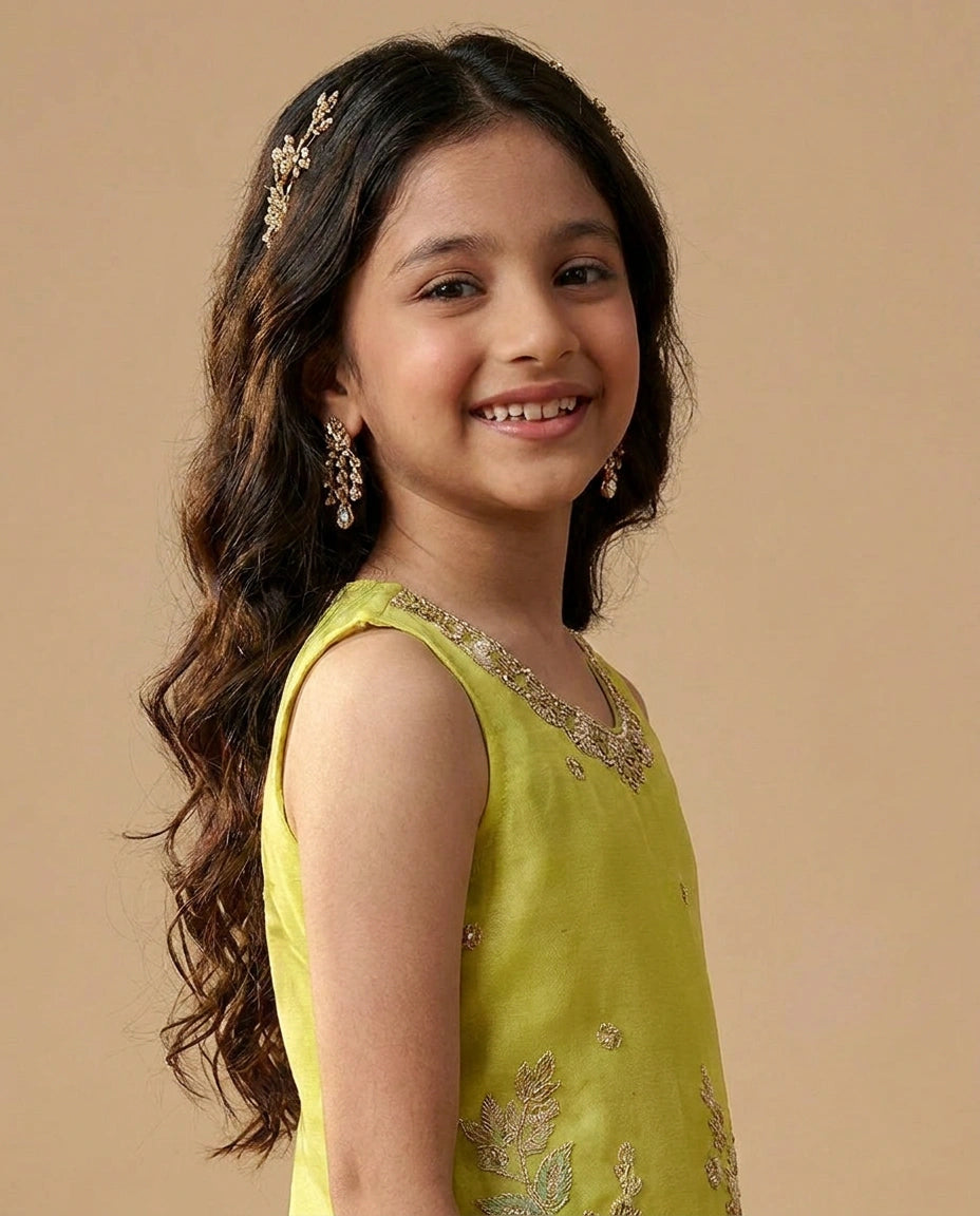 Yellow Kids Co-ord Set Set in Silk Katan - Rangoli India