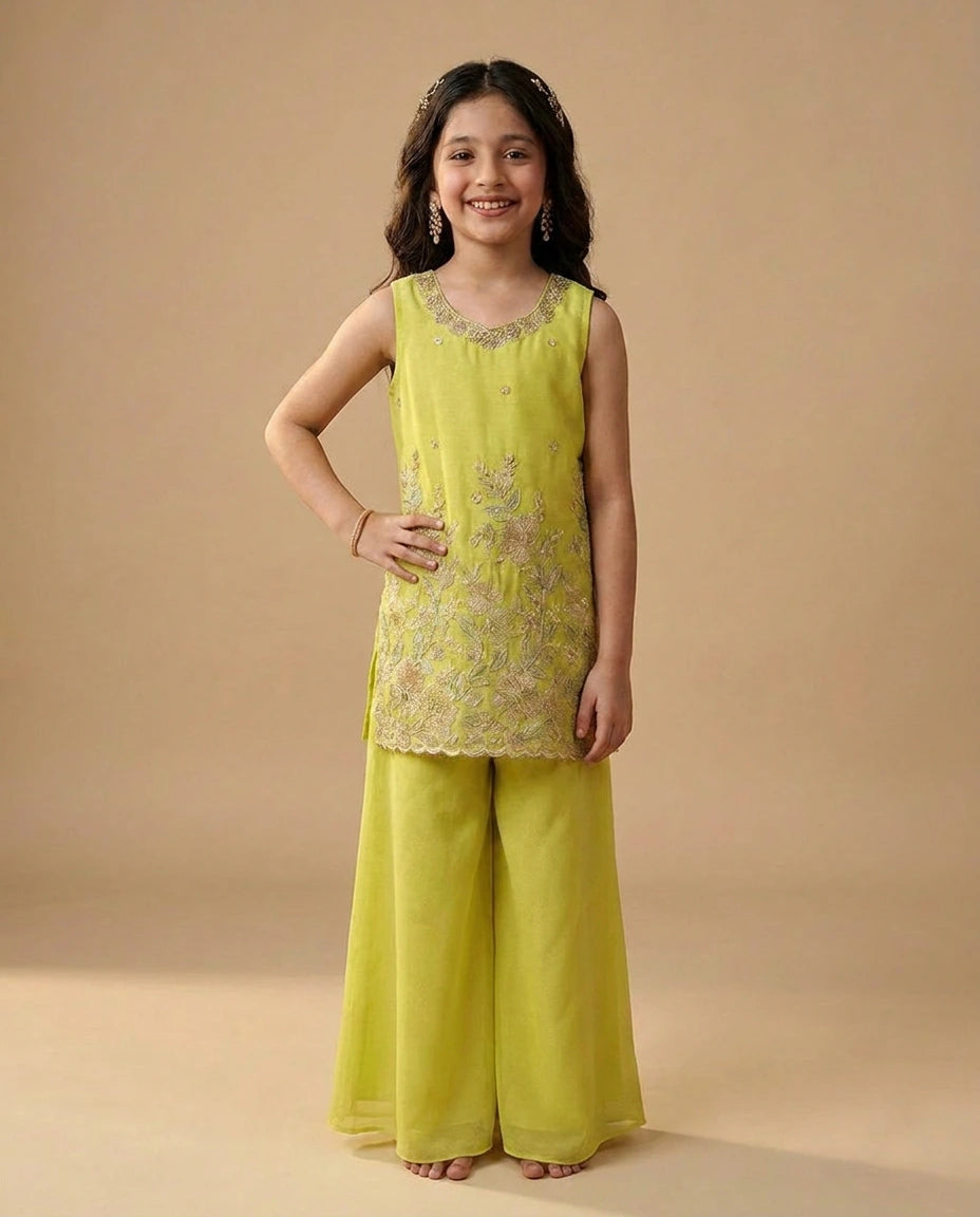 Yellow Kids Co-ord Set Set in Silk Katan - Rangoli India