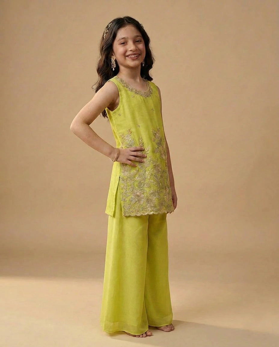 Yellow Kids Co-ord Set Set in Silk Katan - Rangoli India