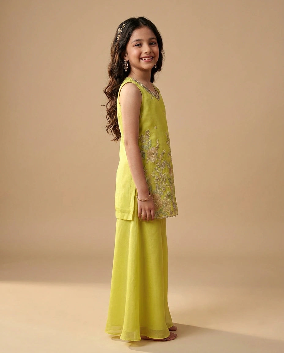 Yellow Kids Co-ord Set Set in Silk Katan - Rangoli India