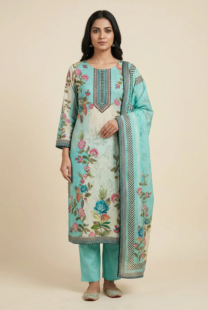 Firozi Blue Cotton Straight Suit with Block Print for Everyday Comfort