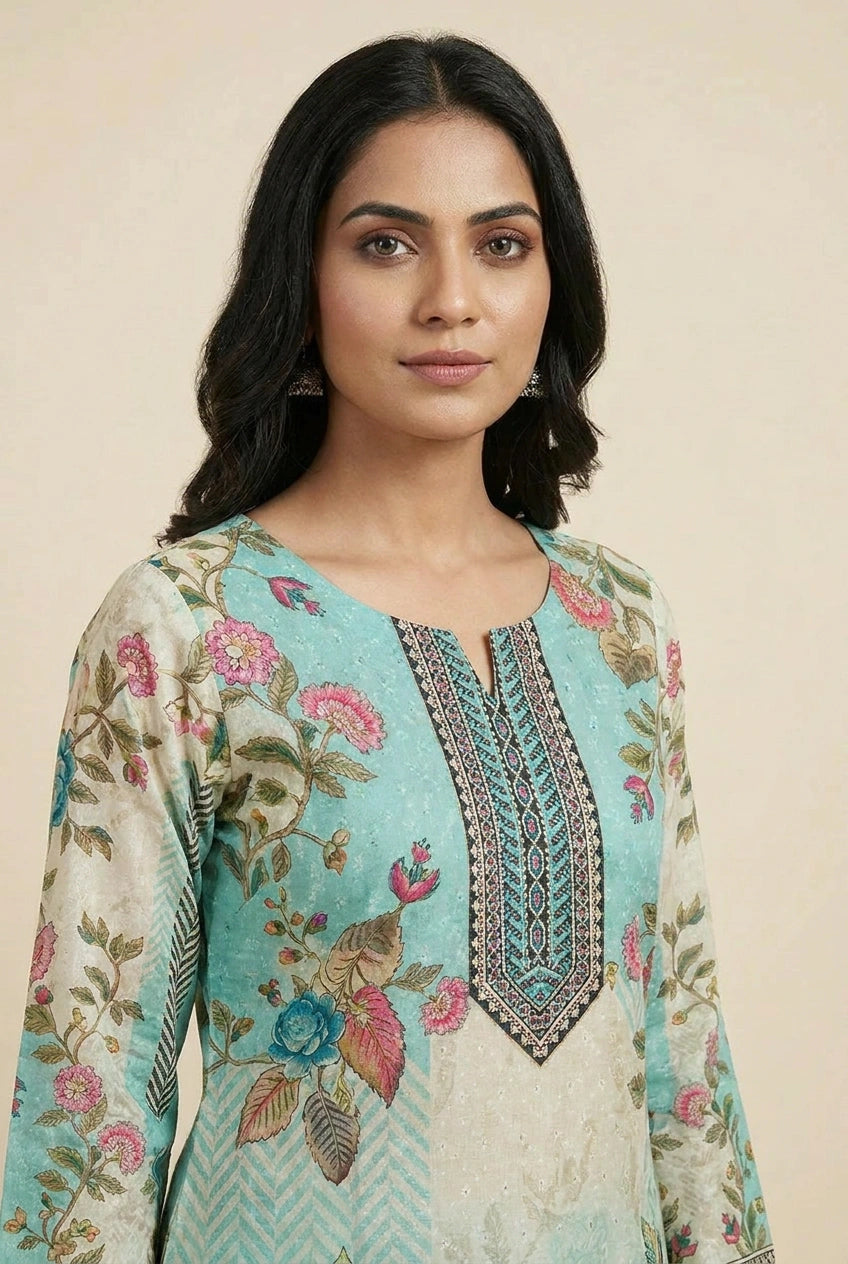 Firozi Blue Cotton Straight Suit with Block Print for Everyday Comfort