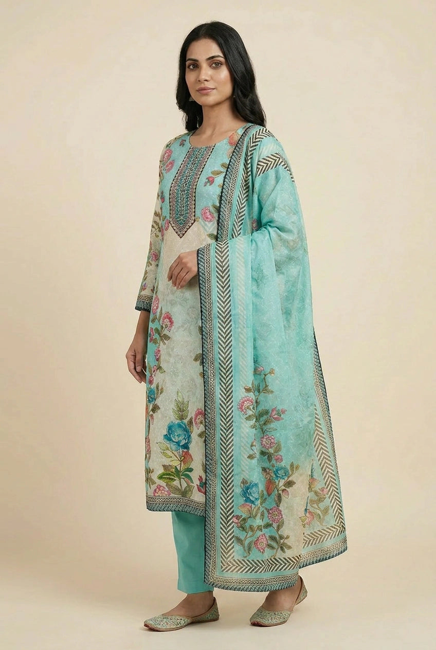 Firozi Blue Cotton Straight Suit with Block Print for Everyday Comfort