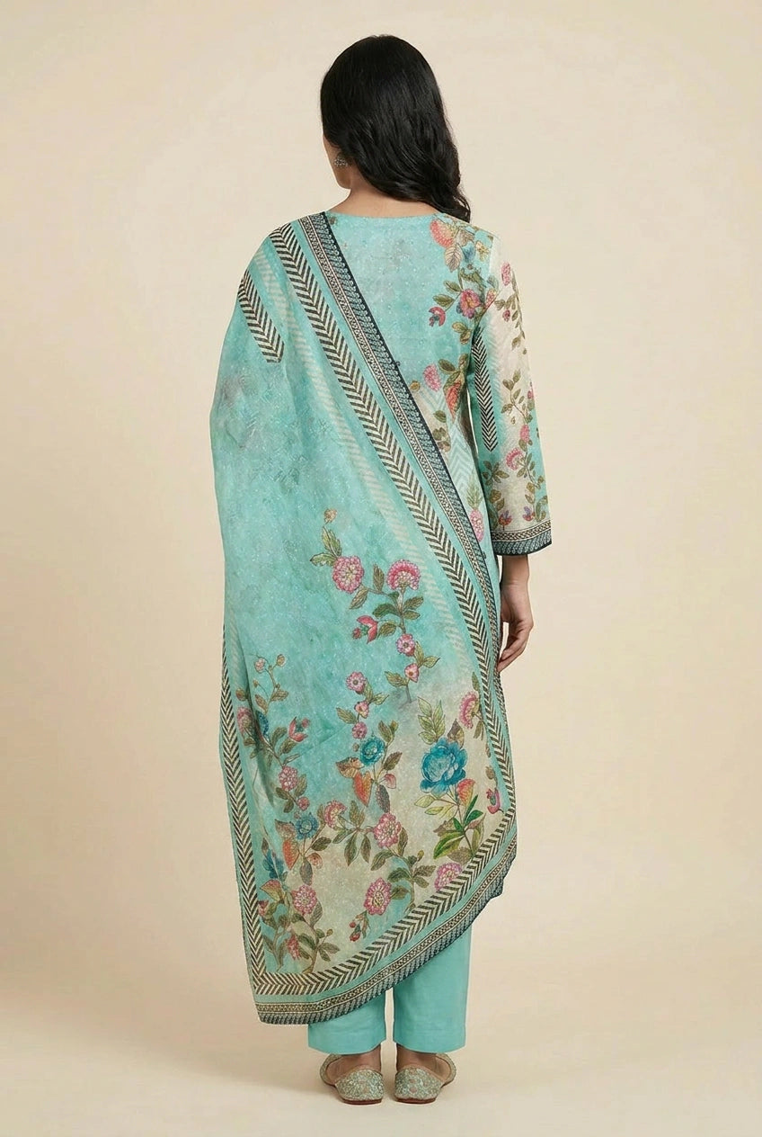 Firozi Blue Cotton Straight Suit with Block Print for Everyday Comfort