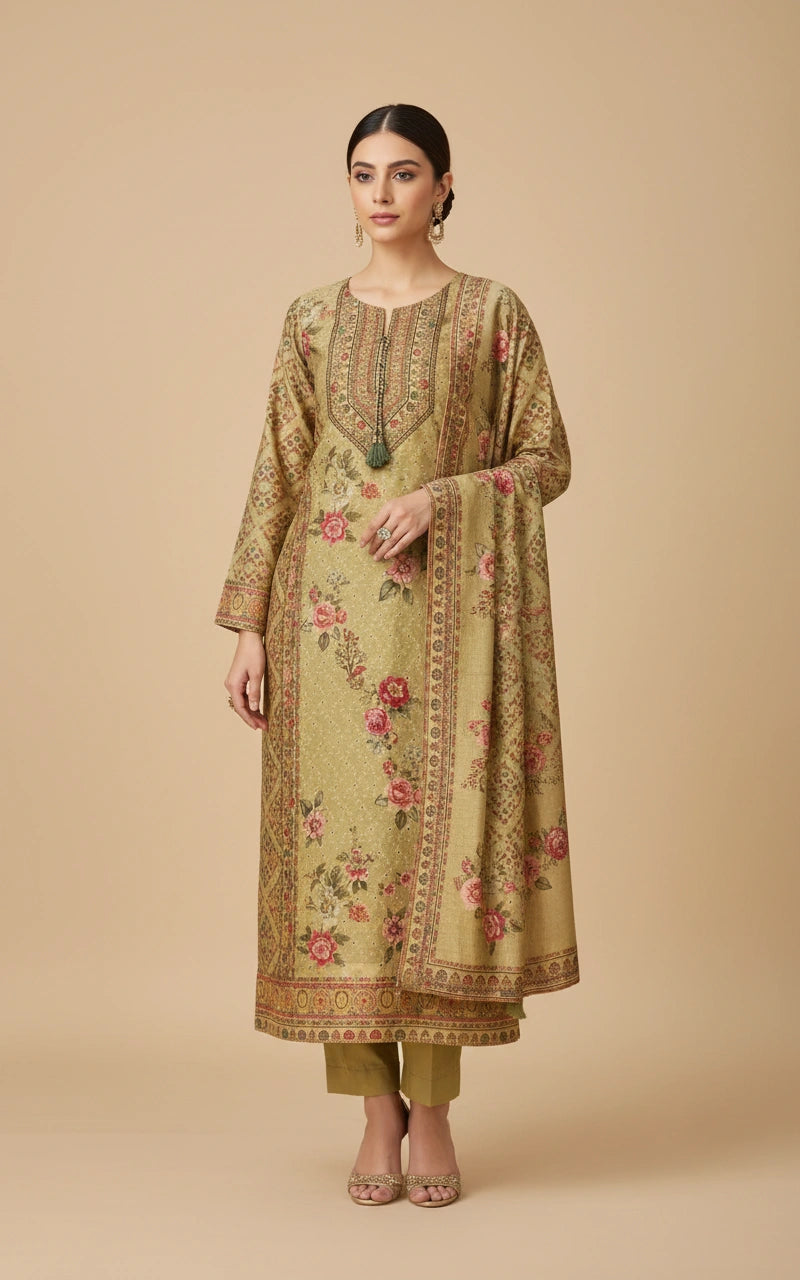 Mustard Straight Cut Cotton Salwar Suit Set with Woven Ethnic Work
