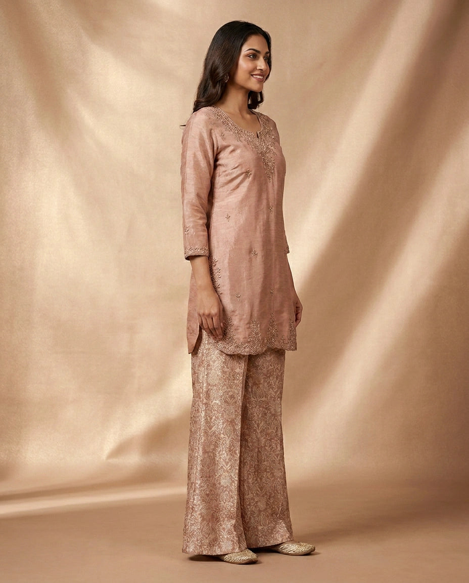 Peach Tissue Palazzo Suit - Rangoli India