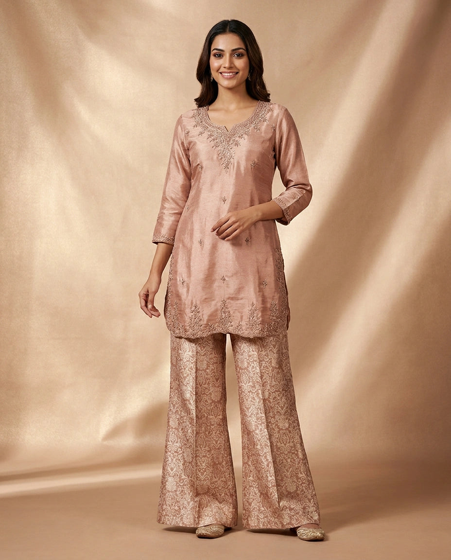 Peach Tissue Palazzo Suit - Rangoli India