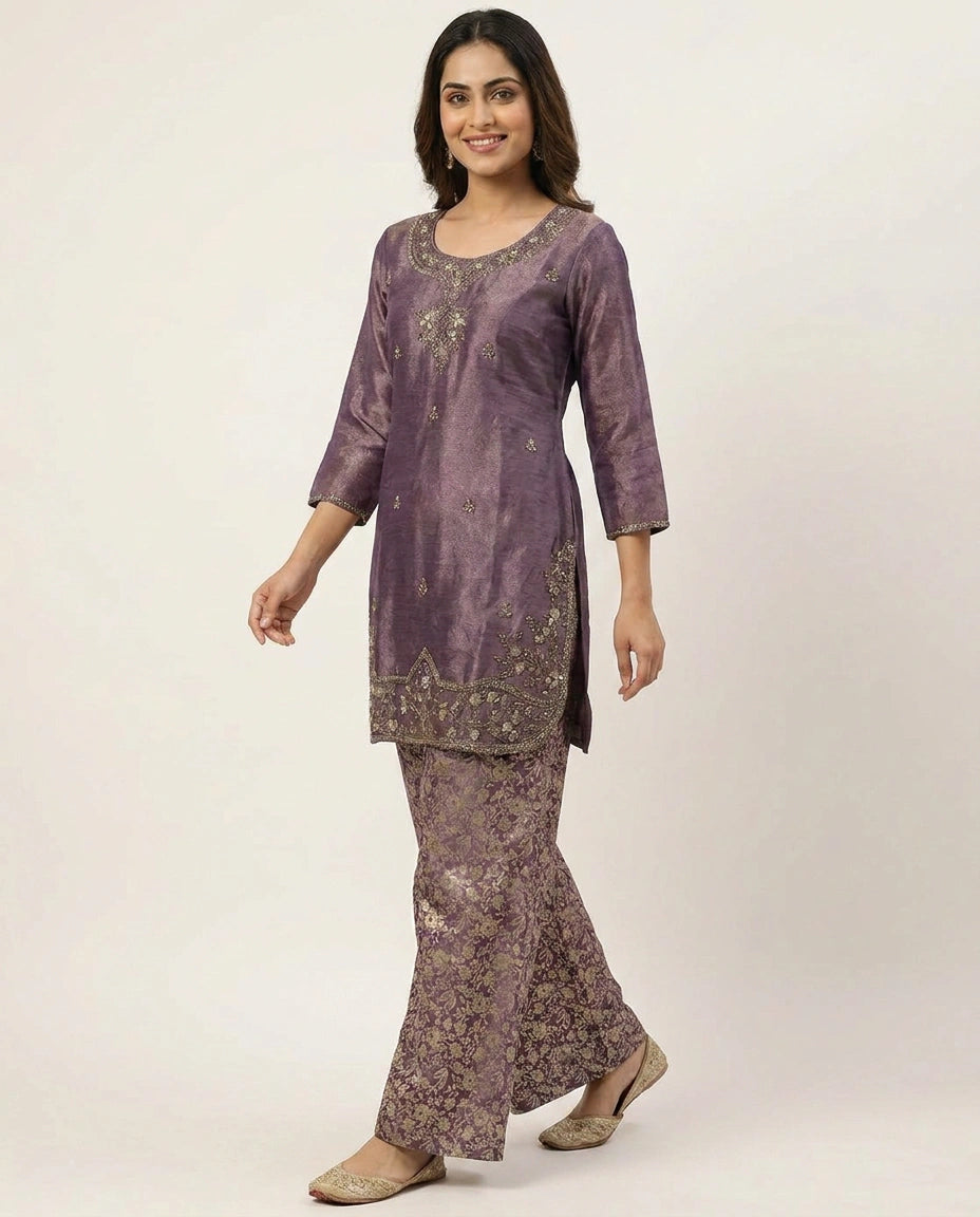 Mauve Tissue Palazzo Suit - Rangoli India
